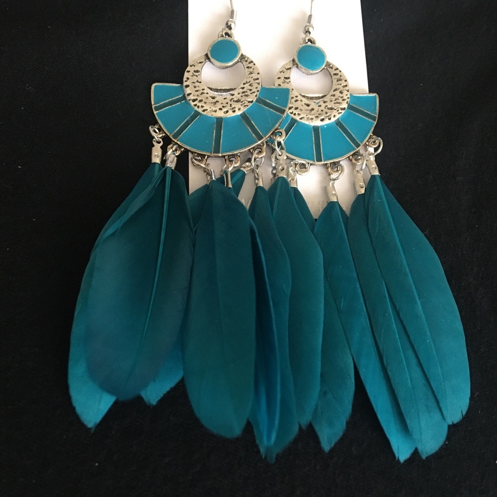 Native Style Teal Blue Green Feather Hook Dangle Earrings